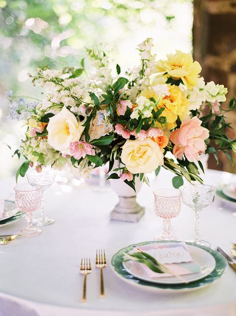 Whimsical Garden Wedding Table in Pink, Yellow, and Green | Jessica Gold Photography | http://heyweddinglady.com/watercolors-pastels-artistic-garden-wedding-shoot/ Artistic Garden, Pink Yellow Weddings, Garden Wedding Table, Lemonade Wedding, Artsy Wedding, Whimsical Garden Wedding, Wildflower Centerpieces, Pink Wedding Centerpieces, Gold Photography