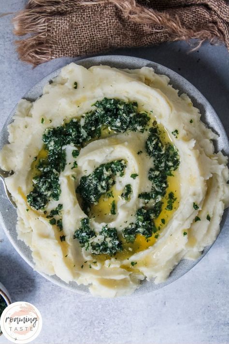 Overhead image of creamy mashed potatoes topped with a garlic and herb butter in the crevices, ready to be served up Fresh Mint Recipes, Mint Drinks, West Coast Kitchen, Herb Mashed Potatoes, Gluten Free Bowl, Beef Appetizers, Parsley Recipes, Roasted Tomato Salsa, Mint Chip Ice Cream