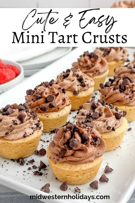 This Mini Tart Crust Recipe is made with a 5-ingredient shortbread cookie dough pressed into a mini muffin pan and baked until light golden brown. No chilling, no rolling. Perfect tart crust for fresh fruit, mousse, pie filling, or ice cream. Mini Tart Crust Recipe, Easy Mini Tarts, Dessert Tarts Mini, Tart Dough Recipe, Shortbread Pie Crust, Chocolate Tarts Mini, Easy Cream Pie, Tart Crust Recipe, Fruit Mousse