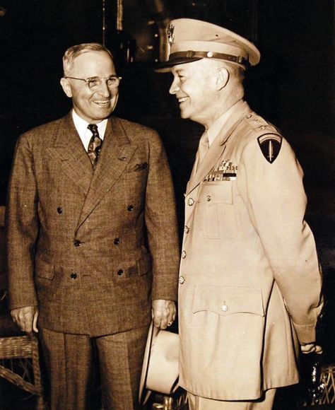 President Harry S. Truman and General Dwight D. Eisenhower aboard the USS Augusta en route to the Potsdam Conference in July of 1945. The Potsdam Conference began on July 17, 1945. Leaders from the U.S., the UK and the Soviet Union met to discuss occupied Germany and how it would be governed after WWII. Image via Wikimedia Commons, public domain Potsdam Conference, Harry S Truman, Dwight D Eisenhower, Dwight Eisenhower, Patriotic Pictures, Michael Roberts, The Soviet Union, Us Government, July 17