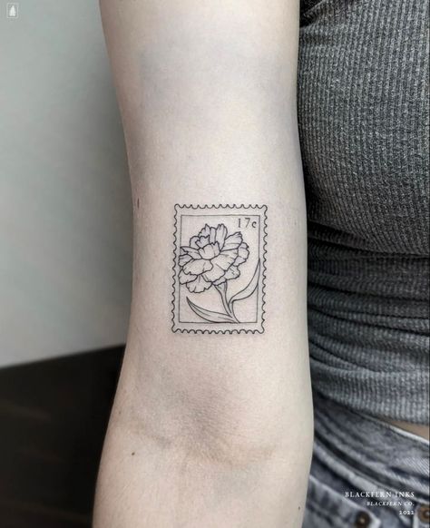 Carnation Tattoo Small Simple, Single Carnation Tattoo, Orchid Stamp Tattoo, Carnation Stamp Tattoo, Destination Tattoos, Simple Carnation Tattoo, Carnations Tattoo, Euro Tattoo, Spain Tattoos Ideas