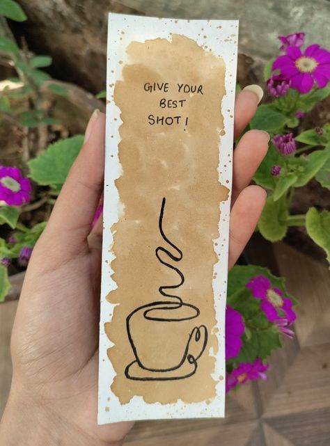 Coffee Art Bookmarks, Coffee Painting Bookmark, Bookmark Art Aesthetic, Coffee Bookmark Ideas, Bookmark Ideas Aesthetic Drawing, How To Make A Bookmark Aesthetic, Bookmark Painting Aesthetic, Coffee Bookmarks Diy, Cute Handmade Bookmark Ideas