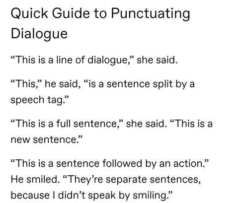 Dialogue Tips Writing, Oneshot Prompts Fluff, Dialogue Grammar, Punctuation Dialogue, Dialogue Punctuation, Fanfic Tips, Punctuation Writing, Fanfiction Prompts, Punctuating Dialogue