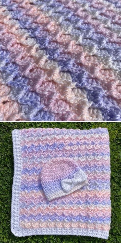 Crystal waves stitch uses clever technique that makes the stitches lean to one side, and that's what is creating the illusion of interlocked blocks. Pastel colors and baby blankets go hand in hand, and I mean it! Elaina chose the easiest option, which is a lovely dyed multicolored yarn. It's a great way to achieve an interesting look and avoid the fuss of weaving in ends, so keep it in mind. #crystalwaves #crystalwavesstitch #crochetcrystalwaves #crystalwavesblanket #freecrochetpattern Crochet Knit Stitch Blanket, Crochet Crystal Wave Stitch, Little Waves Crochet Stitch, Crochet Ripple Stitch Diagram, Crochet Crystal Waves Blanket, Beginner Crochet Projects Blankets Free, Crystal Waves Crochet Blanket Pattern, Crystal Waves Crochet Stitch, Crystal Crochet Pattern