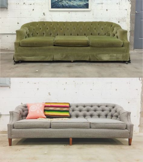 67 Furniture Makeovers That'll Totally Inspire You: Couch makeover via Retro Den Reupholster Couch, Retro Furniture Makeover, Bedroom Makeover Before And After, Affordable Bedroom Furniture, Sala Vintage, Couch Makeover, Sofas Vintage, Sofa Makeover, Grey Bedroom Furniture