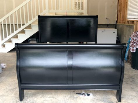 Painting Wood Bed Frame Black, Black Stain Bedroom Furniture, Painting A Sleigh Bed, Gel Stain Bedroom Furniture, Slay Bed Makeover Bedroom Ideas, Sleigh Bed Makeover Before And After, How To Paint A Bed Frame, Sleigh Headboard Makeover, Black Sleigh Bed Bedroom Ideas