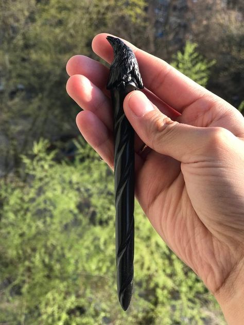 Hair accessories Hair stick with black raven Wooden hair stick with black crow Wooden hair fork 1 prong Long hair picks Sticks for hair Handmade Gift For Mom, Hair Chopsticks, Hair Accessories Bun, Chopstick Hair, Gothic Hairstyles, Bun Holder, Black Raven, Peinados Recogidos, Black Crow