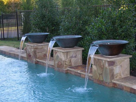 Swimming Pool Fountains, Custom Water Feature, Florida Pool, Stone Pool, Pool Water Features, Pool Remodel, Pool Fountain, Fire And Water, Pool Waterfall