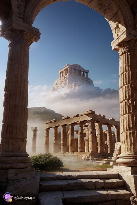 Mystic Mornings at the Acropolis" As the morning light pierces through the arches, the Acropolis stands shrouded in mist, a testament to the enduring splendor of ancient civilizations. The Acropolis, Background Designs, Mystical World, World Of Fantasy, Blonde Hair Blue Eyes, Ancient City, Acropolis, Long Walks, Morning Light