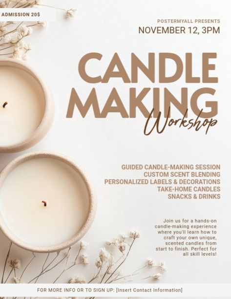 White 3d Candle Making Workshop Flyer (us Letter) | PosterMyWall Candle Flyer Design, Candle Poster, Workshop Flyer, Candle Making Workshop, 3d Candle, Candle Workshop, Event Poster Template, Linkedin Background Image, Kindle Book Cover