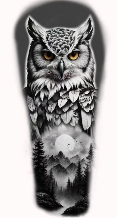 Owl Tattoo Sleeve Mens, Neo Traditional Owl Tattoo Design, Owl Bicep Tattoo, Owl Head Tattoo Design, Realistic Owl Tattoo Men, Owl Wolf Tattoo, Realistic Owl Tattoo Design, Owl Shoulder Tattoo, Owl Tattoo Men