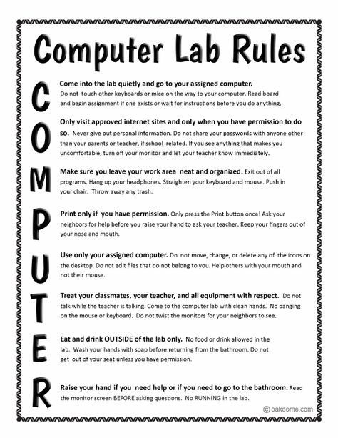 Computer Lab Rules-also have these in various color schemes Computer Bulletin Boards, Computer Lab Posters, Computer Rules, Computer Lab Rules, Lab Rules, Tech Classroom, School Computer Lab, Computer Lab Lessons, Computer Lab Classroom