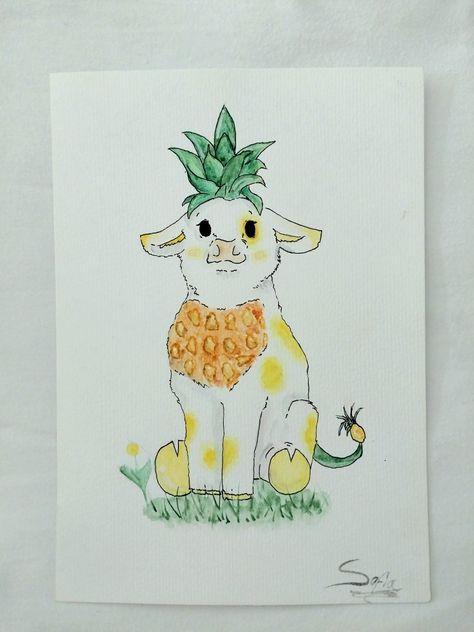 Watermelon Cow Drawing, Fruit Cows Art, Fruit Animals Drawing Watercolor, Fruit Cow Drawing, Fruit Animals Drawing, Cow Drawing Ideas, Fruit Cows, Spooky Animals, Serious Drawing