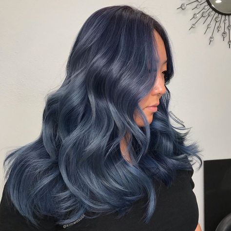 Smoky Blue Hair Color, Dark Blue Hairstyles, Smoky Blue Hair, Ash Blue Hair, Ash Brown Ombre, Hair Balayage Blonde, Galaxy Hair Color, Blue Hairstyles, Guytang Mydentity