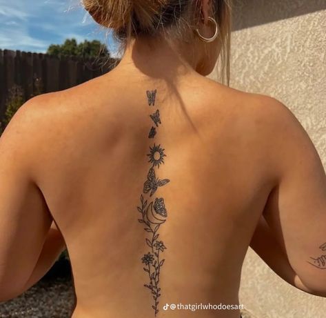 Unique Spine Tattoos For Women Flower, Mexican Spine Tattoos For Women, September Birth Flower Spine Tattoo, Virgo Spine Tattoos For Women, Lavender Butterfly Tattoo, Spinal Tattoo Women Flower, Spine Tattoos For Women Butterflies, Female Back Tattoos Spine, Spine Tattoos For Women Dainty