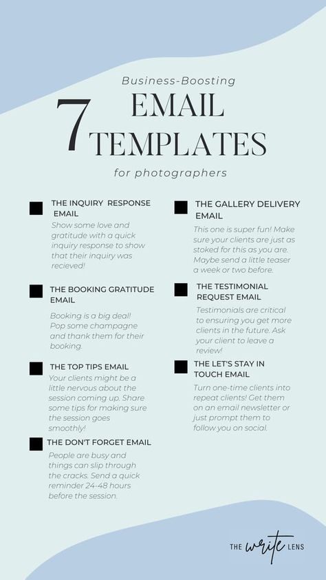 Oh, emails. How we love and hate them. They're critical for success as a creative business-owner. Make sure you have these seven photographer-based email templates pre-written so you can easily. How To Send An Email, Small Business Email Ideas, Small Business Email Marketing, How To Start An Email, Email Templates Business, Pdf Template Design, Email Template Design Business, Marketing Email Template, Photographer Email Templates