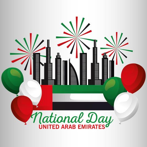 Uae national day with flag, fireworks, balloons and city vector design Uae Flag Day Design, Uae National Day Design, Uae Flag, Uae National Day, New Nail Art Design, City Vector, New Nail Art, Paper Flower Tutorial, National Day