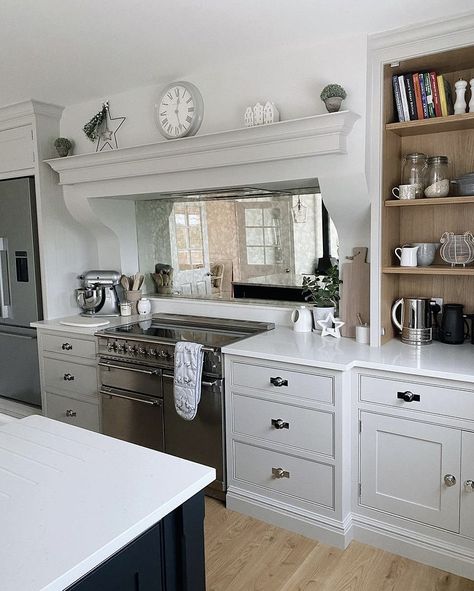 Range Cooker Kitchen, Antique Mirror Splashback, Barn Conversion Kitchen, Antique Glass Mirror, Range Cookers, Kitchen Dining Living, Range Cooker, House Design Kitchen, Farmhouse Style House