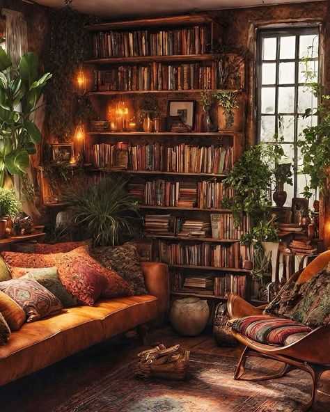 . . 📷 Pinterest - Mari Sobral - Art & Holistik Living 👏👏👏 . #libraries #librarylove #cozyreads #librariesofinstagram #librarydesign… | Instagram Bohemian Room Aesthetic, Earthy Bedroom Bohemian, Boho Aesthetic Room, Earthy Bedroom Aesthetic, Hippie Apartment, Earthy Living Room, Bedroom Bohemian, Dark Living Rooms, Earthy Bedroom