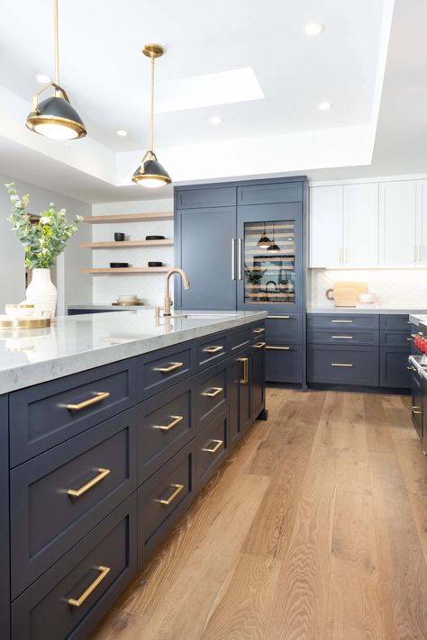 White Cabinets Blue Island, Blue Kitchen Cabinet, Kitchen 2025, Remodeled Bathrooms, Kitchen Butlers Pantry, Dreamy Kitchens, Navy Blue Kitchen, Condo Interior Design, Basement Plans