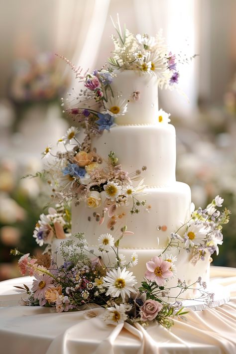 70+ Enchanting Wildflower Wedding Cakes That Will WOW | Matched Hearts Garden Inspired Wedding Cake, Whimsical Garden Wedding Cake, Wildflower Wedding Cakes, Wedding Cake Pastel Flowers, Simple Floral Wedding Cake, Spring Wedding Cake Ideas, Colorful Whimsical Wedding, Wildflower Wedding Cake, Wedding Cake Ideas Elegant