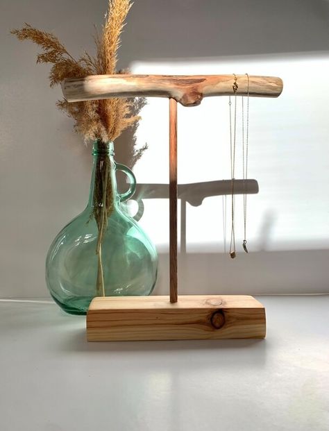 Driftwood Necklace Stand | Wood Necklace Display | MakerPlace by Michaels Driftwood Necklace Holder, Stand For Necklaces, Wooden Jewellery Stand, Wooden Jewelry Stand Diy, Table Top Jewelry Display, Necklace Display Ideas Diy, Necklace Stand Diy, Diy Jewellery Holders, Jewelry Stand Aesthetic