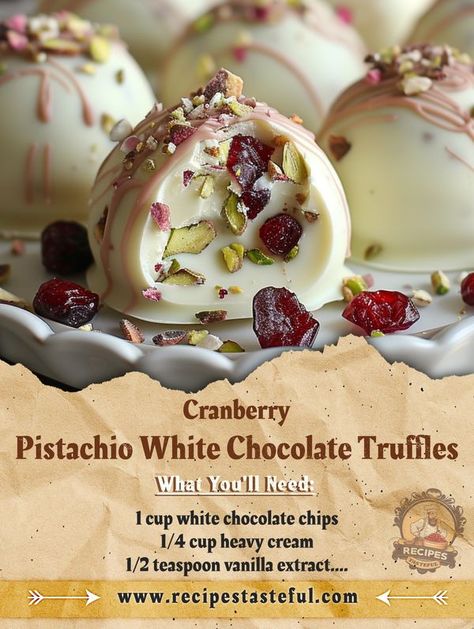 Tasteful Recipes | Cranberry Pistachio White Chocolate Truffles | Facebook Pistachio Truffles, Pistachio White Chocolate, Chocolate Truffle Cookies, Heavy Cream Recipes, Tasteful Recipes, Easy Christmas Candy Recipes, Easy Candy Recipes, Dessert Truffles, Best Christmas Cookie Recipe