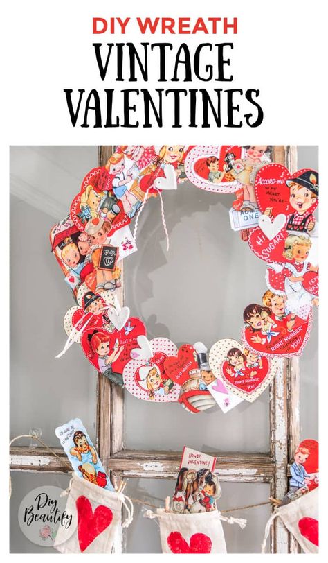 Vintage Valentine Crafts Diy, Vintage Valentine Heart, Homemade Vintage Valentines, Valentine’s Wreath Ideas, Display Vintage Valentine Cards, Vintage Brooch For Valentine's Day, Retro Valentine Cards, Valentine Tablescape, Vintage Valentine Crafts