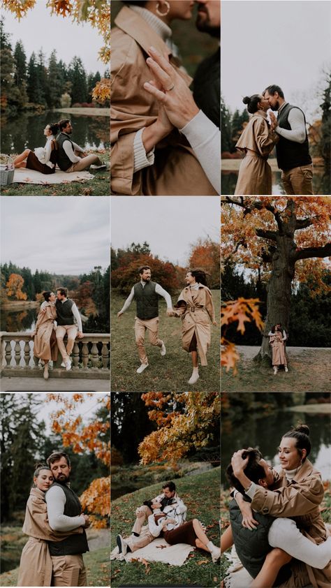 Couple Photoshoot In Autumn, Autumn Outfit Photoshoot, Fall Prewedding Photoshoot, Autumn Outfits Couple, Prewedding Photoshoot Outfit, Couple Poses Autumn, Autumn Pre Wedding Photoshoot, Park Couple Photoshoot Ideas, Unique Photoshoot Locations