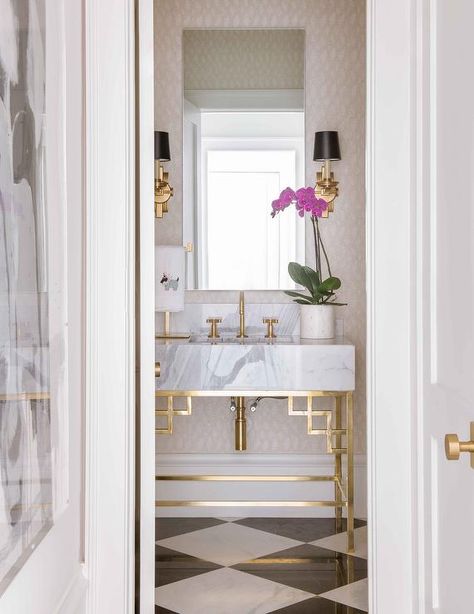 Chic Marble and Brass Sink Vanity on Harelquin Floor Tiles - Contemporary - Bathroom Harlequin Floors, White Powder Room, Powder Room Tile, Master Remodel, Room Floor Tiles, Powder Room Ideas, Powder Room Sink, Vintage Laundry Room, White Marble Floor