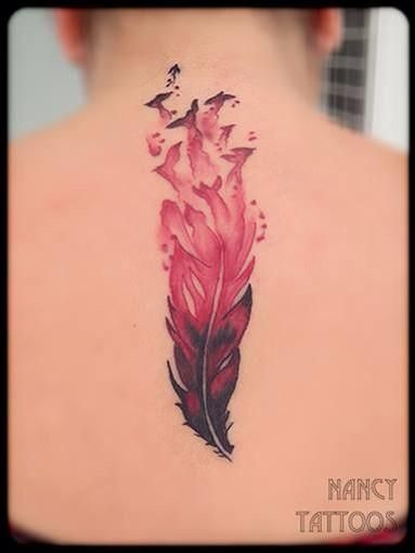 Cardinal Feather, Feather Tattoo Colour, Watercolor Tattoo Ideas, Shoulder Cap Tattoo, Cardinal Tattoos, Hawk Feathers, Love Yourself Tattoo, Red Ink Tattoos, Raven Queen