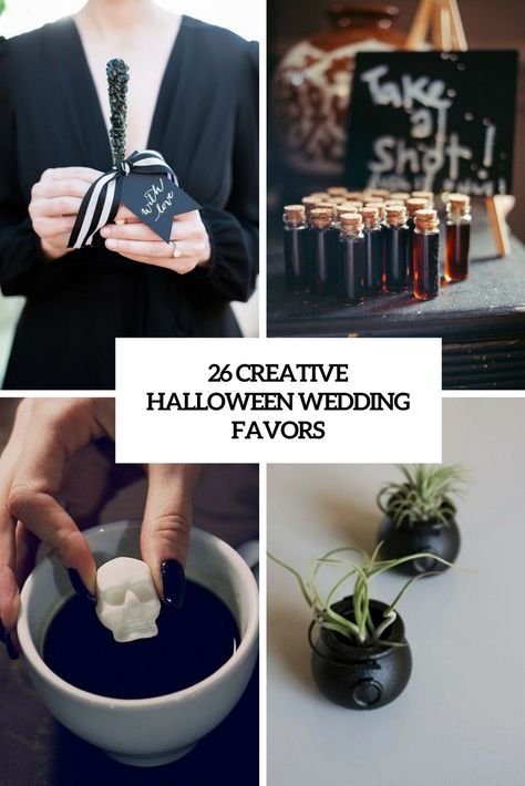 creative halloween wedding favors cover Halloween Wedding Favours, Spooky Wedding Shower Ideas, Goth Party Favors, Costume Party Wedding Reception, Halloween Wedding Favors For Guests, Gothic Wedding Favors For Guests, Spooky Wedding Favors, Goth Wedding Favors, Halloween Reception Decor