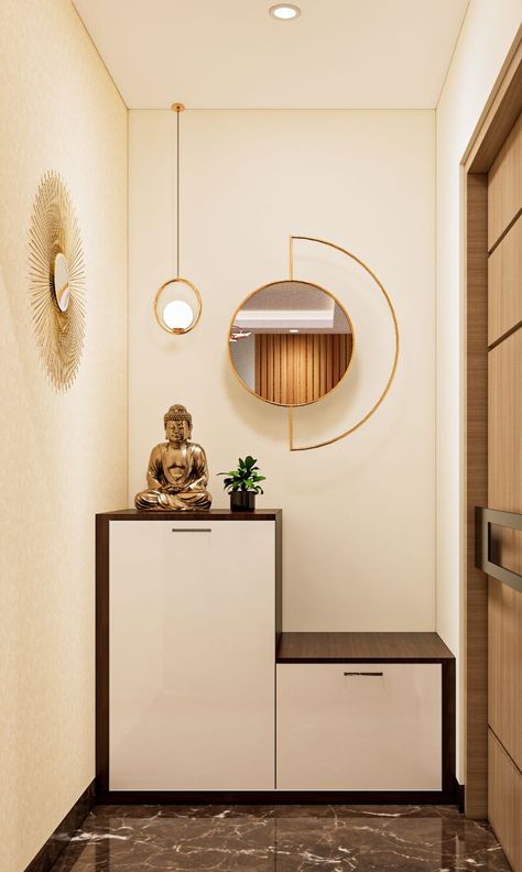 Beige Foyer Design With Buddha Statue Flat Entrance Lobby Design, Foyer Design Modern Entrance, Entrance Lobby Design, Entrance Foyer Design, Flat Interior Design, Lobby Furniture, Lobby Interior Design, Entrance Lobby, House Interior Design Styles