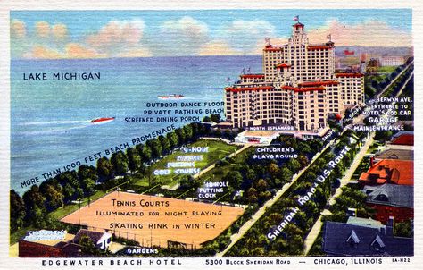 Edgewater Beach Hotel, postcard (Chicago Pin of the Day, 3/12/2016). Edgewater Chicago, Outdoor Dance Floors, Lake Shore Drive, Chicago Hotels, Chicago History, Chicago Architecture, Downtown Chicago, The Windy City, Beach Hotel