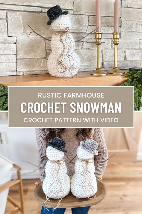 Decorate with these adorable Crochet Snowman. Check out the easy free crochet pattern and video tutorial on the blog! You will love them! Crochet Winter Ideas Projects, Crochet Christmas Candle Free Pattern, Hygge Crochet Patterns, Winter Crochet Decor, Winter Crochet Decorations, Crochet Projects That Sell Well, Home Decor Crochet Patterns, Crochet Snowmen Patterns, Easy Winter Crochet Projects