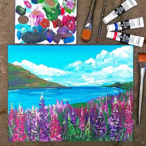 Landscape For Beginners, Diy Canvas Art Easy, Easy Landscape Paintings, Landscape Paintings Acrylic, Easy Canvas Painting, Canvas Painting Designs, Simple Acrylic Paintings, Nature Art Painting, Flower Art Painting