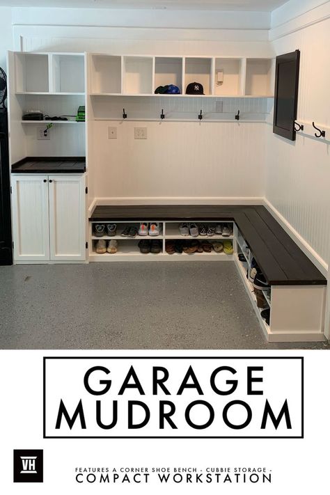 Corner Shoe Bench, Shoe Storage For Garage, Storage For Garage, Garage Shoe Storage, Mudroom Ideas Diy, Beadboard Walls, Bench With Cubbies, Mud Room Garage, Garage Entryway