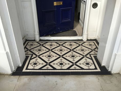 Pathway Tiles, Victorian Path, Tile To Wood Transition, Geometric Floor Tiles, Victorian Mosaic Tile, Tiled Staircase, Mosaic Floor Tiles, Front Door Steps, Victorian Porch