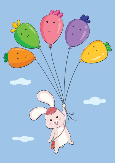 Baby bunny had an adventure holding colourful carrot balloons. So exciting! Carrot Balloon, Bunny Holding Carrot, Balloon Bunny, Bunny Balloon, Colorful Carrots, Easter Rabbits, Illustration Funny, Blue Cartoon, Scene Drawing