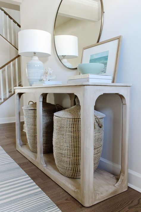 Coastal Entry Table, Coastal Entryway Ideas, Blue Console Table, Coastal Entryway, Console Table Entryway, Entry Console Table, Entry Table Decor, Console Table Styling, Hallway Inspiration