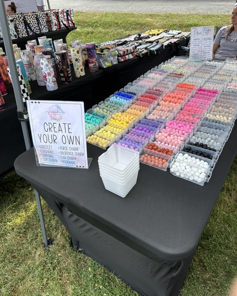 We are all set up for our first Vendor Event!! Come create your own wristlet, keychains, etc. At our custom bead bar!! Come check us out at 2854 Goose Gap Road Sevierville TN Craft Fair Displays Keychains, Car Charm Vendor Display, Bead Bar Display, Spring Craft Show Ideas, Boutique Items To Sell, Charm Bar Set Up, Silicone Bead Crafts, Bead Vendors, Boutique Jewelry Display