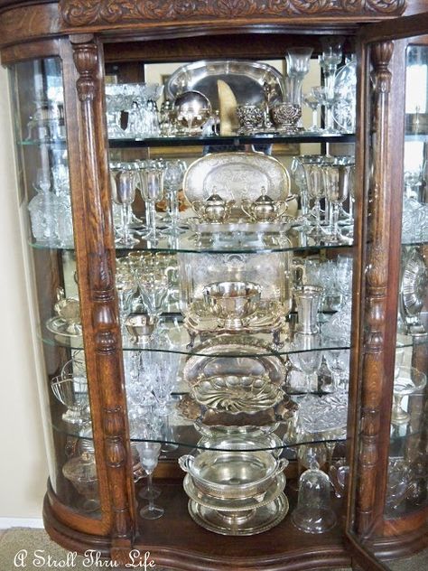 A Stroll Thru Life: Crystal & Silver - Oh My!!!!! Crystal Glassware Display, Silver Closet, Silver Plate Decor, China Cabinet Decor, Glassware Display, Betty Neels, Crystal Glassware Antiques, Cleaning Silver, Crockery Cabinet