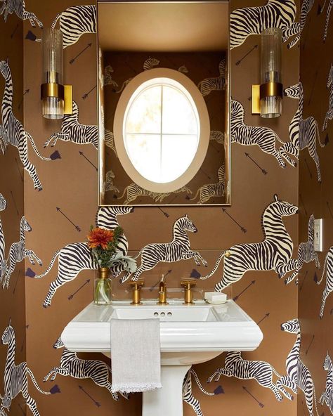 One Kings Lane on Instagram: “The beloved Zebras Wallpaper was created by @Scalamandre in the 1940s for Gino’s restaurant in Manhattan. Since then, it has become an…” Tiny Toilet, Zebra Bathroom, Powder Room Ideas, Zebra Wallpaper, Sink Plumbing, Manhattan Restaurants, Powder Room Design, Powder Rooms, Wall Treatments