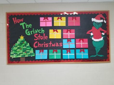 Grinch Classroom Bulletin Board, Grinch Bulletin Board Ideas, Grinch Bulletin Board, Christmas Bulletin Board Decorations, December Writing, Christmas Doors, Valentines Day Bulletin Board, Birthday Bulletin Boards, Birthday Bulletin