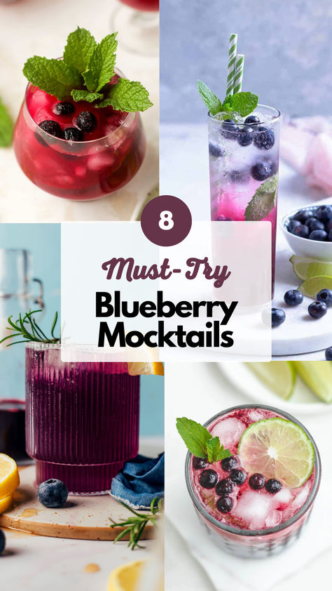 Blueberry Mocktails Blueberry Basil Mocktail, Blueberry Mint Mocktail, Blueberry Mocktail Non Alcoholic, Blueberry Mocktail Recipes, Blueberry Drinks Nonalcoholic, Blueberry Syrup For Drinks, Blueberry Mocktail, Non Alcoholic Mocktail, Blueberry Drink