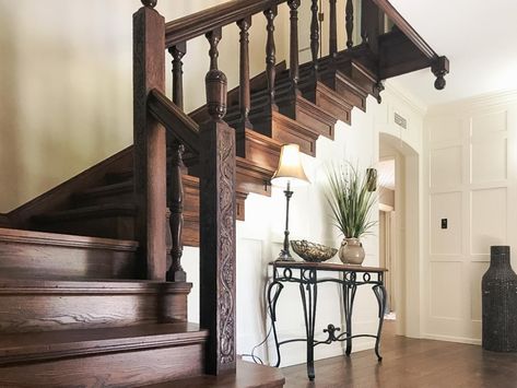 Extensive 1930's Tudor remodel and addition - Traditional - Staircase - Cleveland - by Alberino Construction | Houzz Tudor Staircase, Tudor Remodel, Box Beam Ceiling, Beam Ceilings, Dark Trim, Traditional Staircase, House Trim, Wood Staircase, Tudor Style Homes