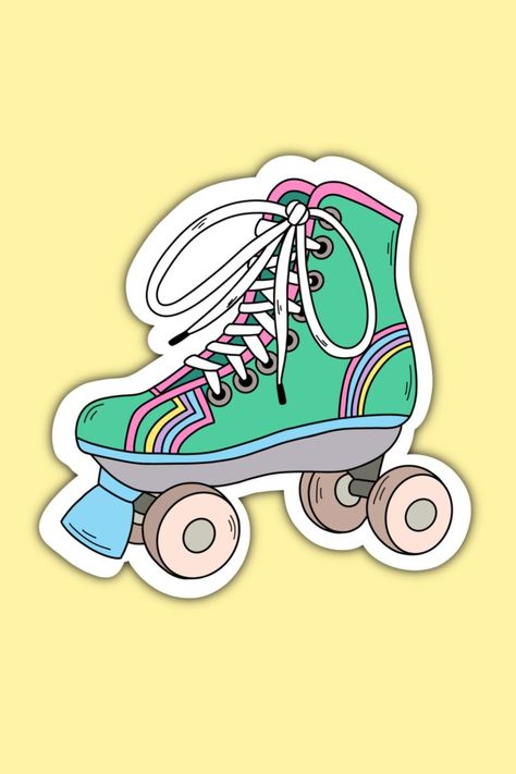 90’s nostalgia fashion style bright roller skate vinyl covered sticker measuring 7cm x 7cm. Ideal as part of a hamper gift, mirror or notebook decoration.  Available in a glossy white or transparent finish. Nostalgia Fashion, 90’s Nostalgia, Retro Roller Skates, Skate Stickers, Sticker Retro, Wallpaper Roller, Kindle Cover, For Journal, Bright Background