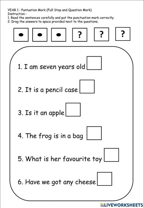 Question Mark And Full Stop Worksheet, Full Stop And Question Mark Worksheet, Question Mark Worksheet, English Year 1, Inspirational Bulletin Boards, Punctuation Worksheets, English Grammar Rules, Alphabet Worksheets Kindergarten, Worksheets Kindergarten