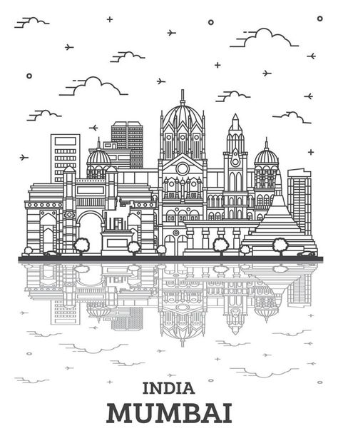 Outline Mumbai India City Skyline with Historic Buildings and Reflections Isolated on White. Mumbai Skyline, Photoshop Tutorial Photo Editing, Vector Banner, Mumbai India, Photoshop Tutorial, Historic Buildings, City Skyline, White White, Motion Graphics