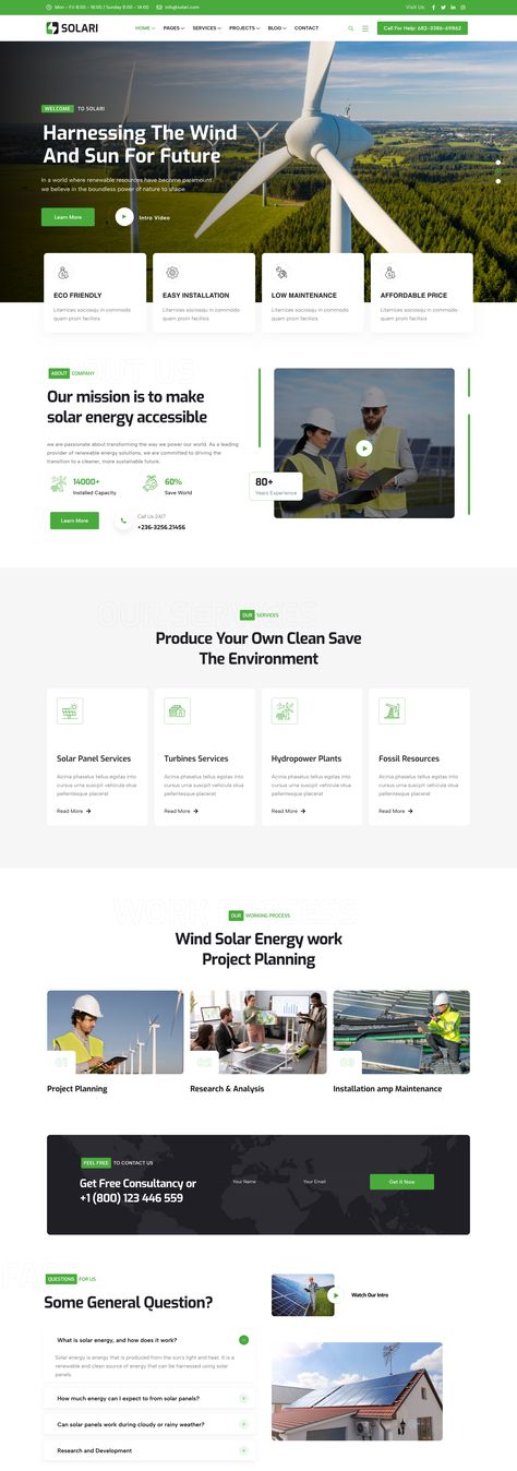 Solari - Solar Energy & Ecology WordPress Theme Solar Website Design Inspiration, Solar Panel Website Design, Energy Website Design, Solar Website, Energy Website, Corporate Website Design, Website Design Inspiration Layout, Charity Foundation, Solar Companies